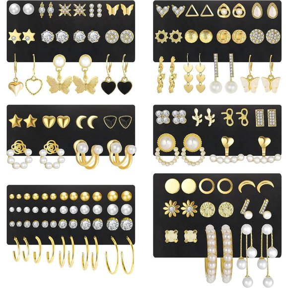 Women 68 Pairs Gold Stud Hoop Multipack Earrings - Picture 1 of 4